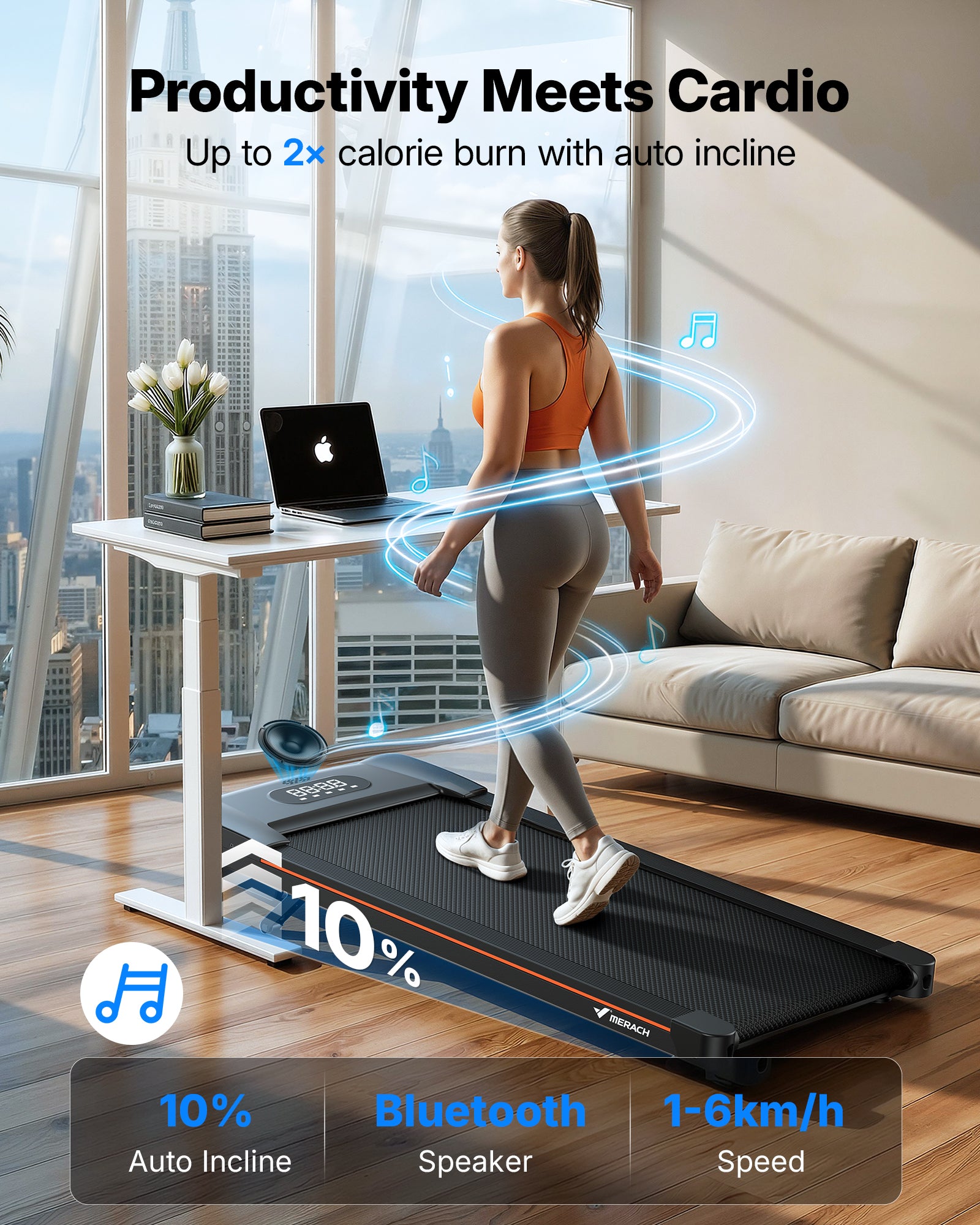 MERACH Cinta de Correr con Altavoz Bluetooth, 10% Inclinación Automática Cinta de Andar, 3.0HP Walking Pad, Treadmill Capacidad 159KG, 6km/h Caminadora Electrica para Casa y Oficina, 41x102cm, App