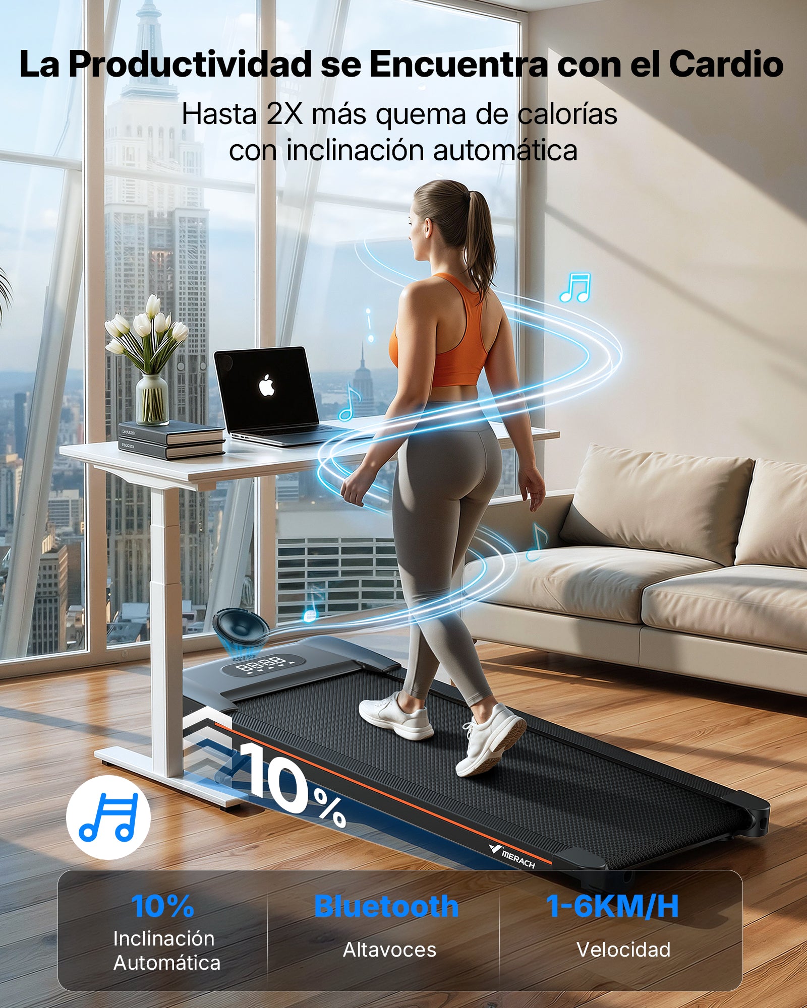 MERACH Cinta de Correr con Altavoz Bluetooth, 10% Inclinación Automática Cinta de Andar, 3.0HP Walking Pad, Treadmill Capacidad 159KG, 6km/h Caminadora Electrica para Casa y Oficina, 41x102cm, App